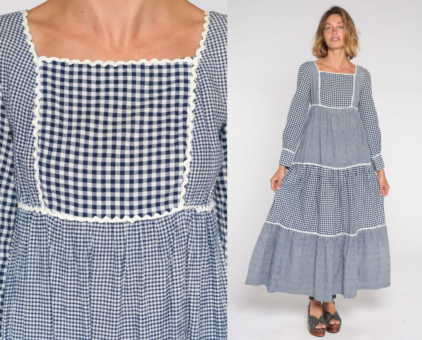 70s Sue Brett Blue Gingham Maxi Dress Empire Waist Puff Sleeve Small