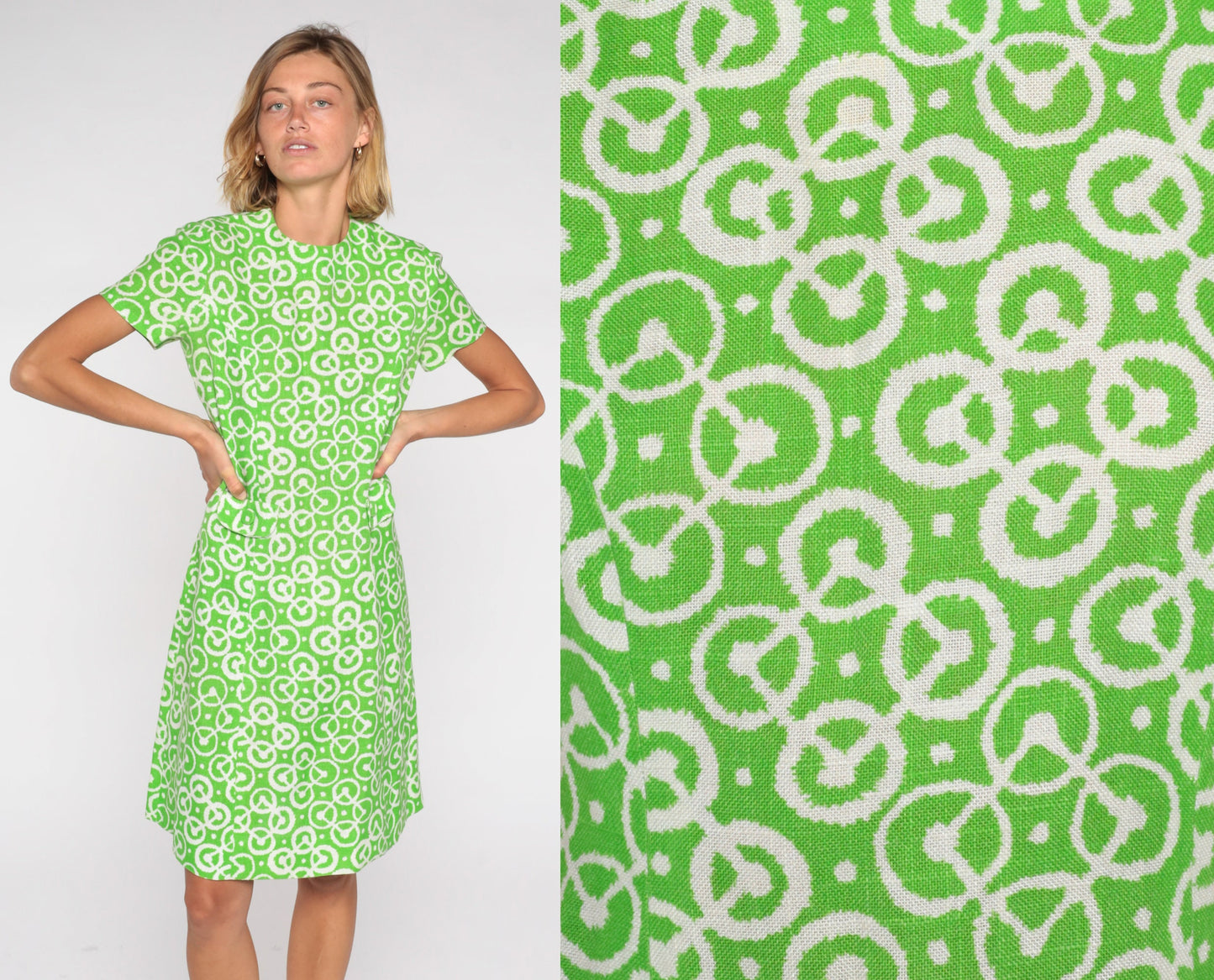 60s Green Geometric A-Line Shift Dress Short Sleeve Mini Pockets Small