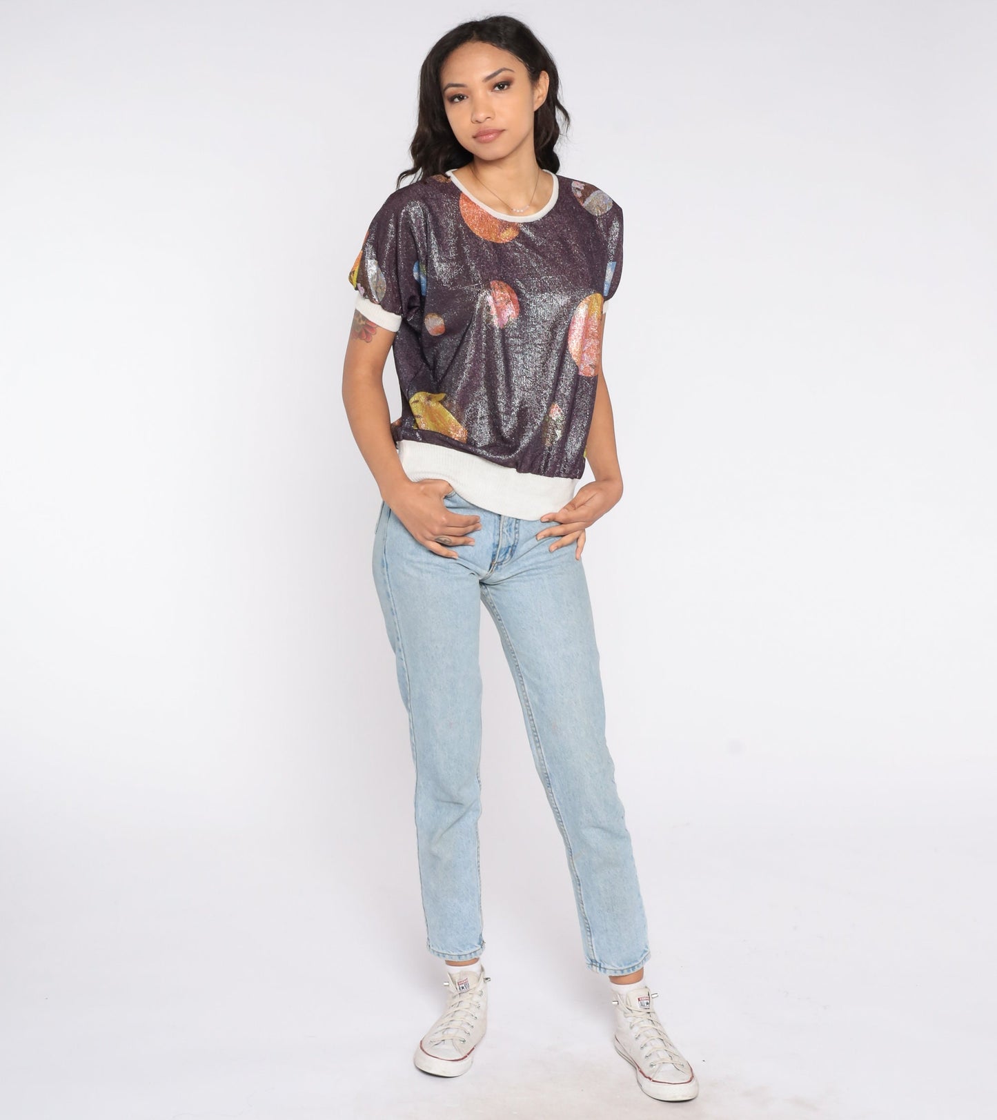 00s Metallic Floral Planet Print Short Sleeve Ringer Tee Small S