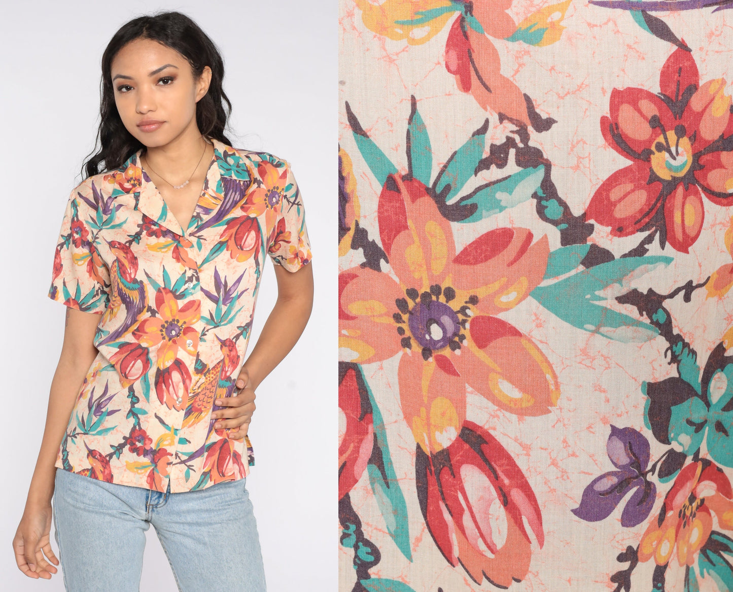 90s Tropical Floral Bird Print Button-Up Blouse Short Sleeve Rayon Medium M
