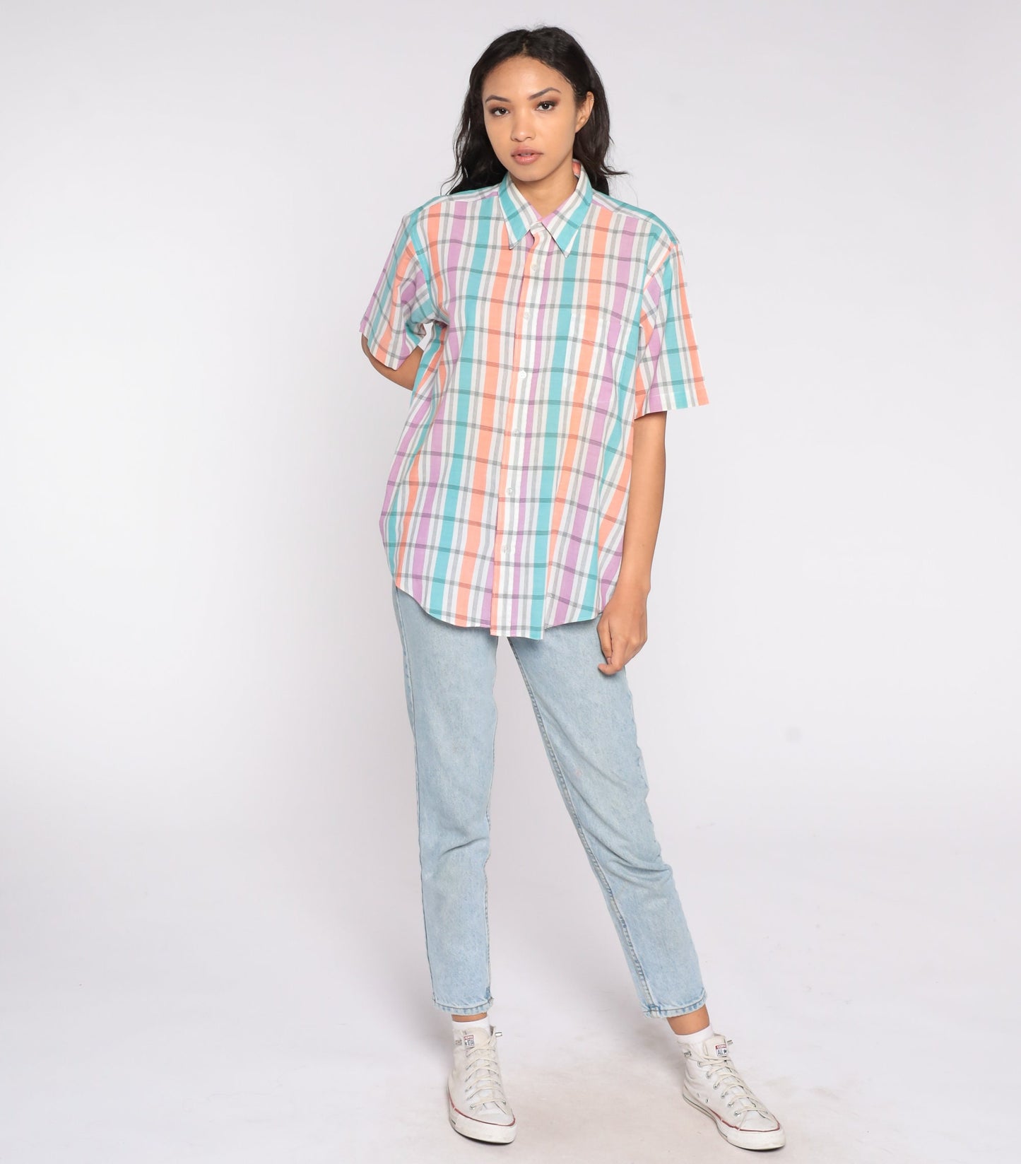90s Plaid Button Up Shirt Short Sleeve Purple White Checkered Extra Large XL