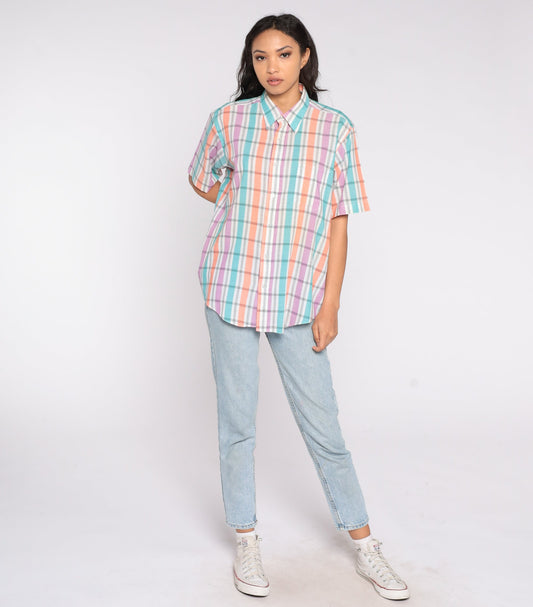 90s Plaid Button Up Shirt Short Sleeve Purple White Checkered Extra Large XL