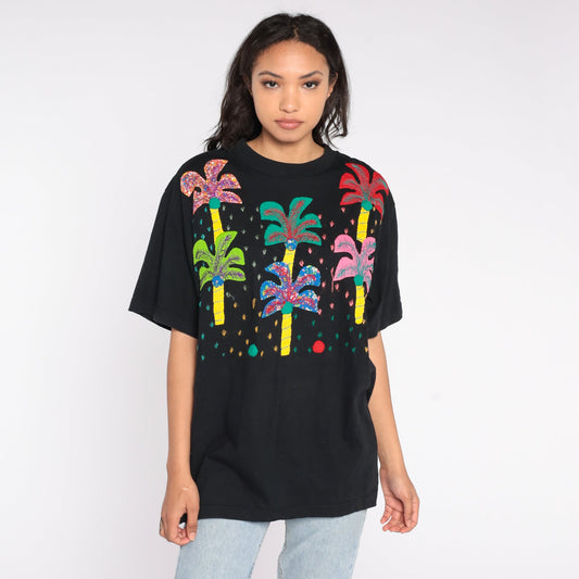 90s Palm Tree Embroidered T-Shirt Black Graphic Tee Extra Large XL
