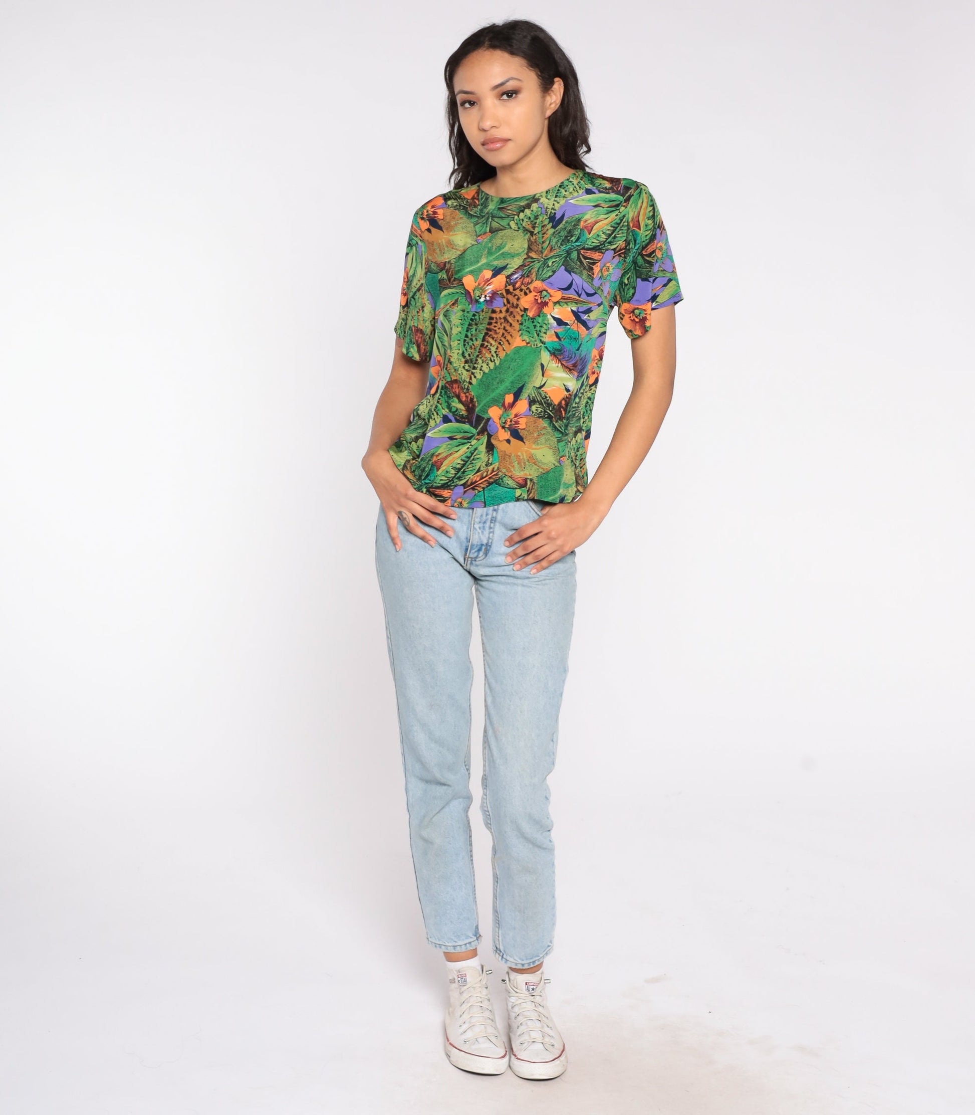 90s Tropical Floral Jungle Print Short Sleeve Shirt Green Small