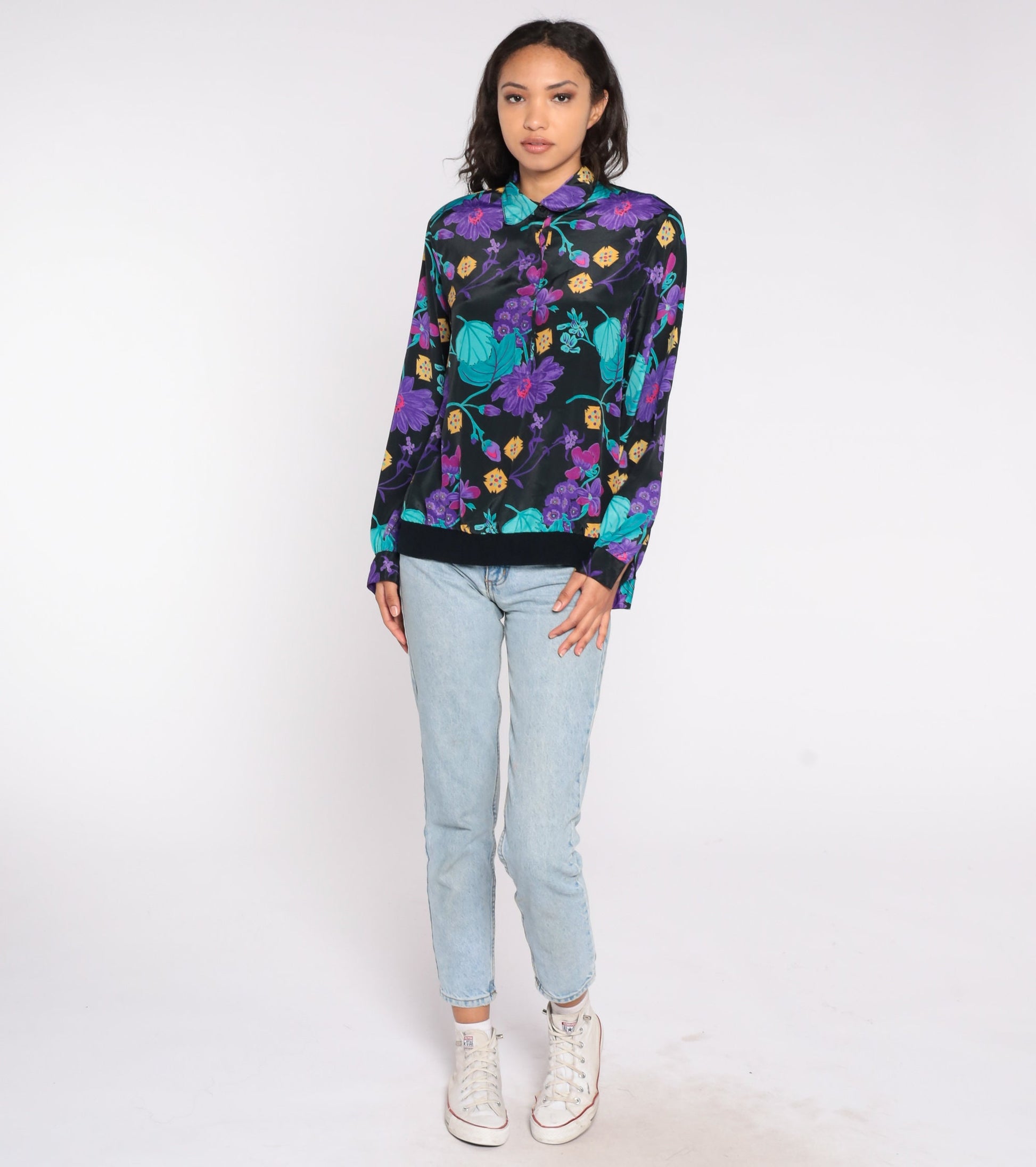 90s Floral Blouse Long Sleeve Collared Shirt Purple Print Banded Hem Large L