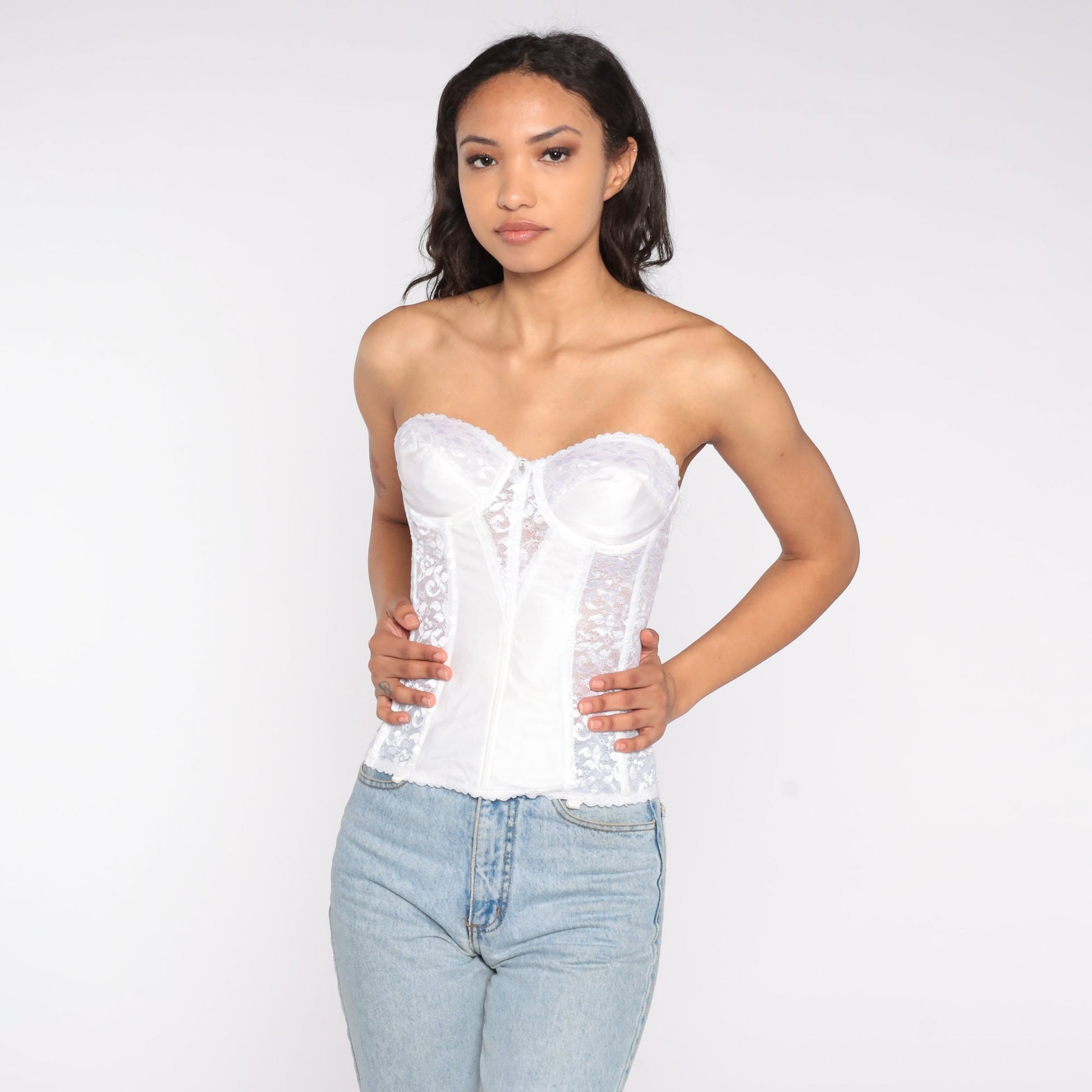 80s White Floral Lace Bustier Corset Boned Strapless Sweetheart 34B