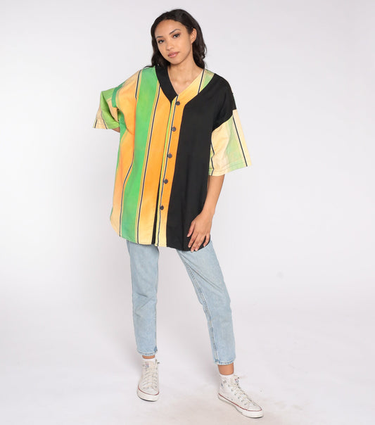 90s Neon Green Orange Striped Baseball Jersey Cotton Button Up Large