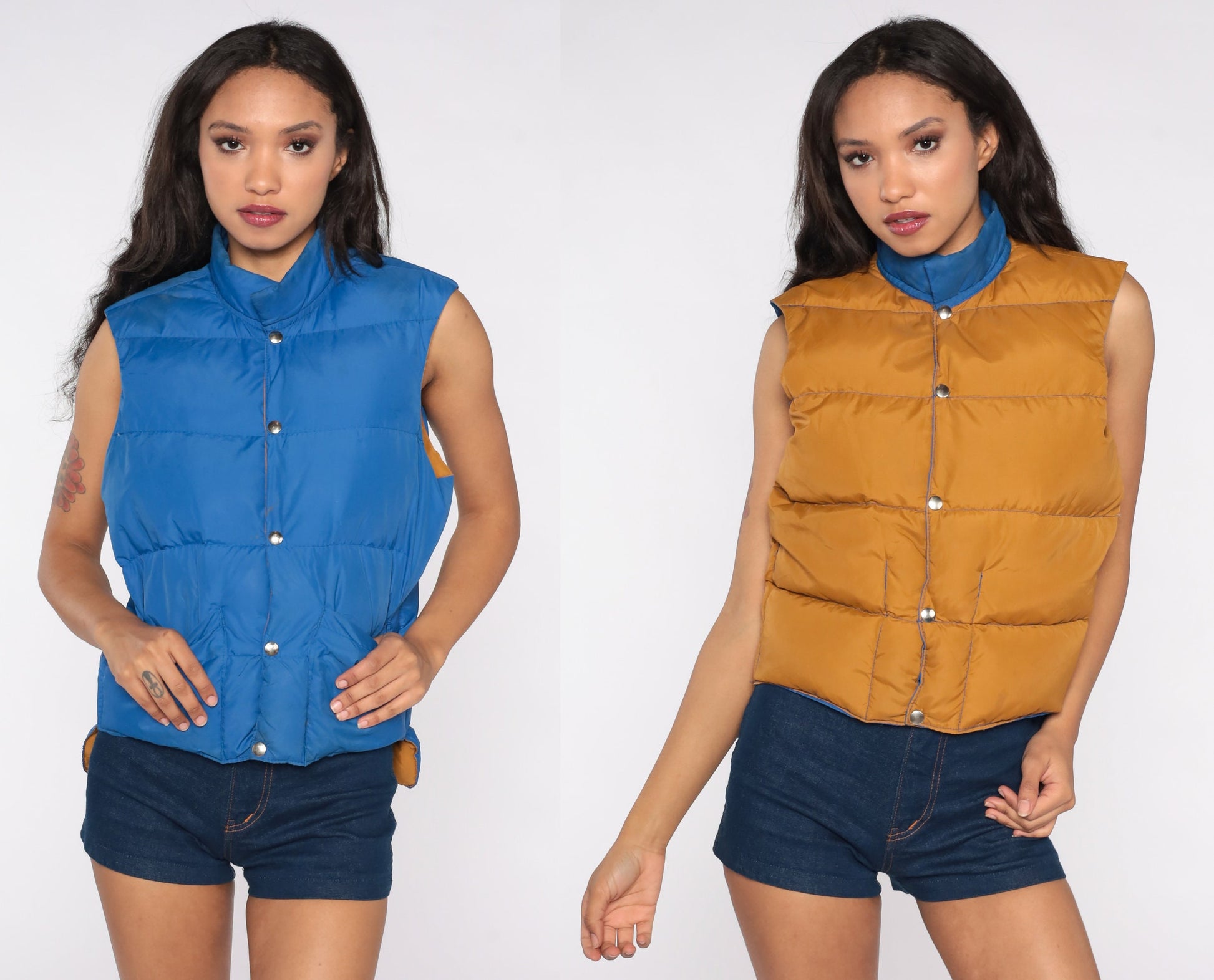 70s Reversible Goose Down Puffer Vest Mustard Brown Blue Sleeveless Medium Large