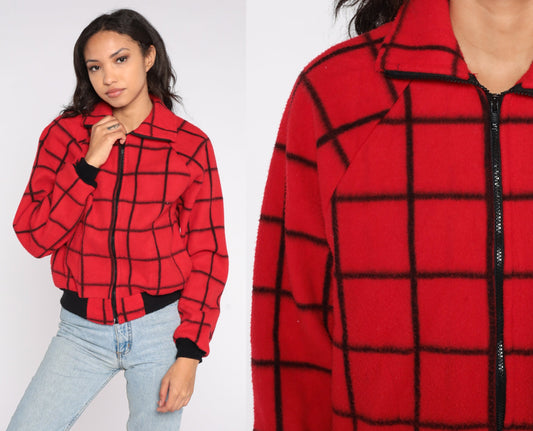 80s Red Plaid Polar Fleece Zip-Up Jacket Checkered Small