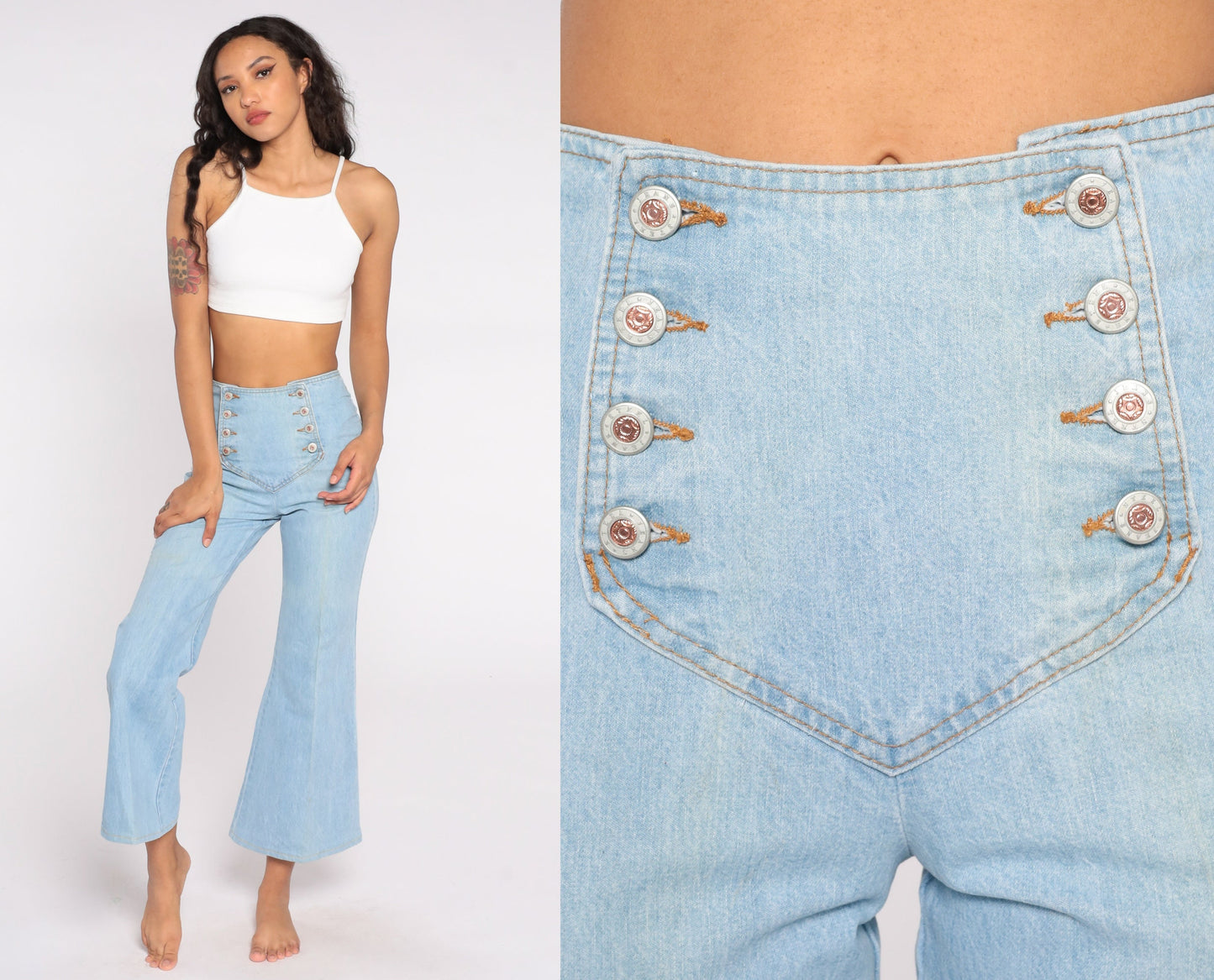 90s Light Wash Flare Jeans High Waisted Double Button Denim Small S