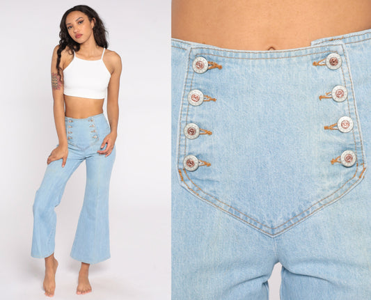 90s Light Wash Flare Jeans High Waisted Double Button Denim Small S