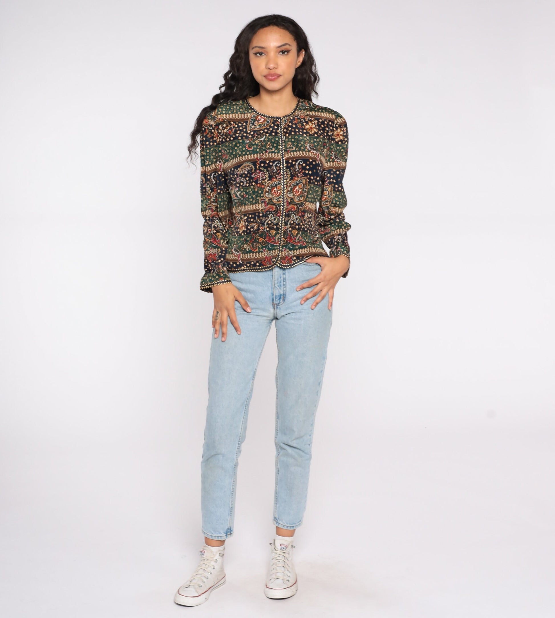 90s Abstract Floral Striped Jacket Green Blue Leaf Print Button Up Large L