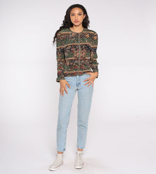 90s Abstract Floral Striped Jacket Green Blue Leaf Print Button Up Large L
