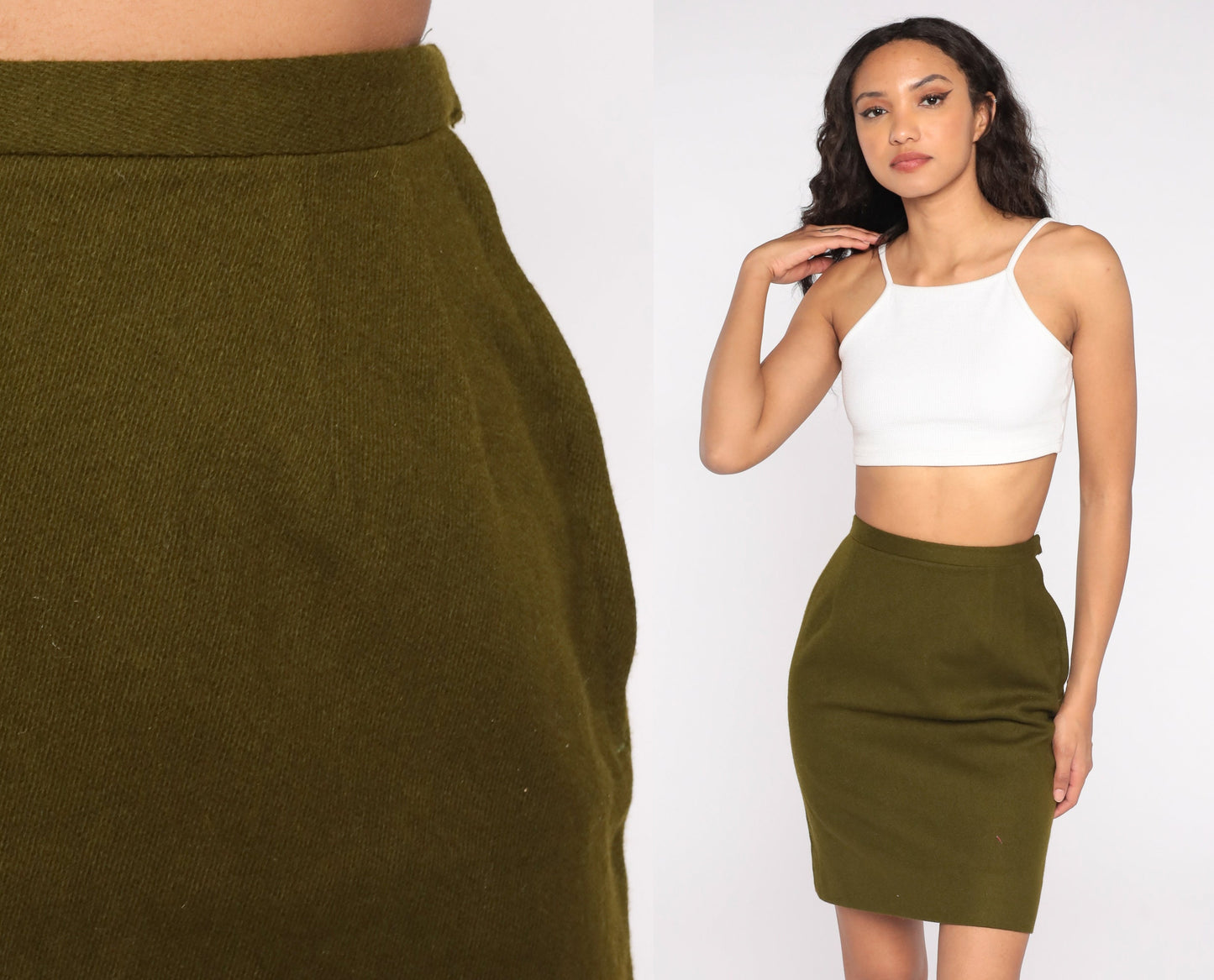 1970s Olive Pencil Skirt High Waist Wool Knit XS Extra Small