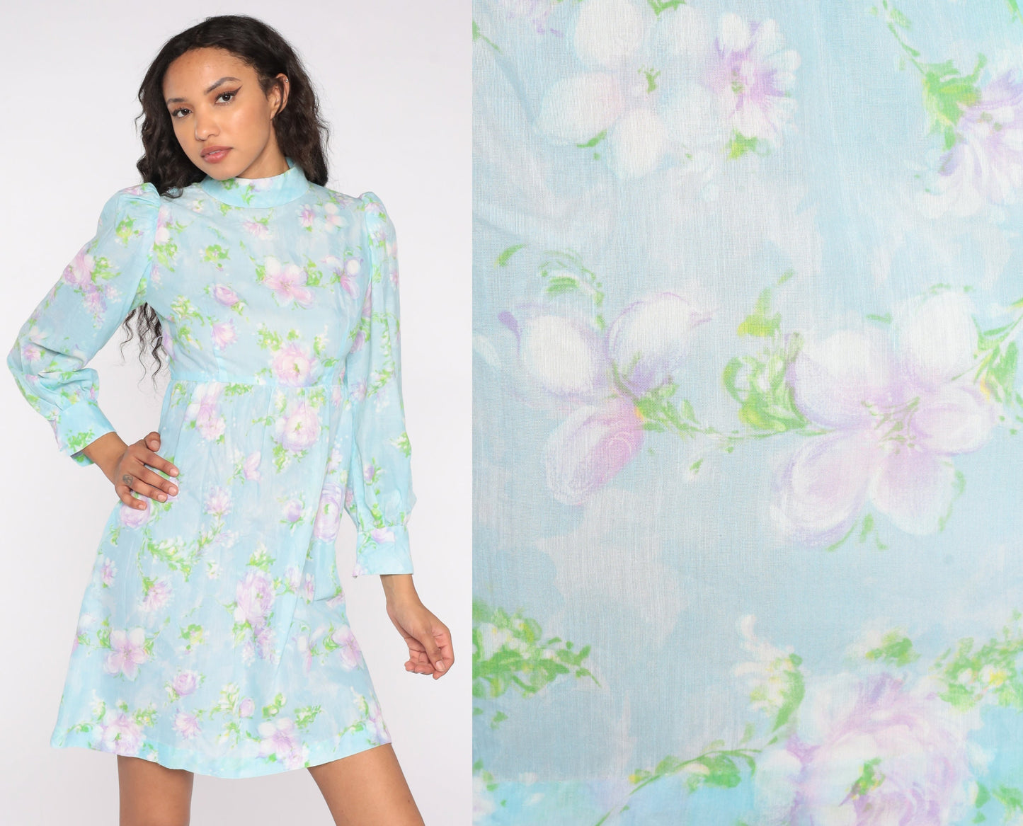 60s Floral Babydoll Dress Baby Blue Mock Neck Puff Sleeve Mini Small S