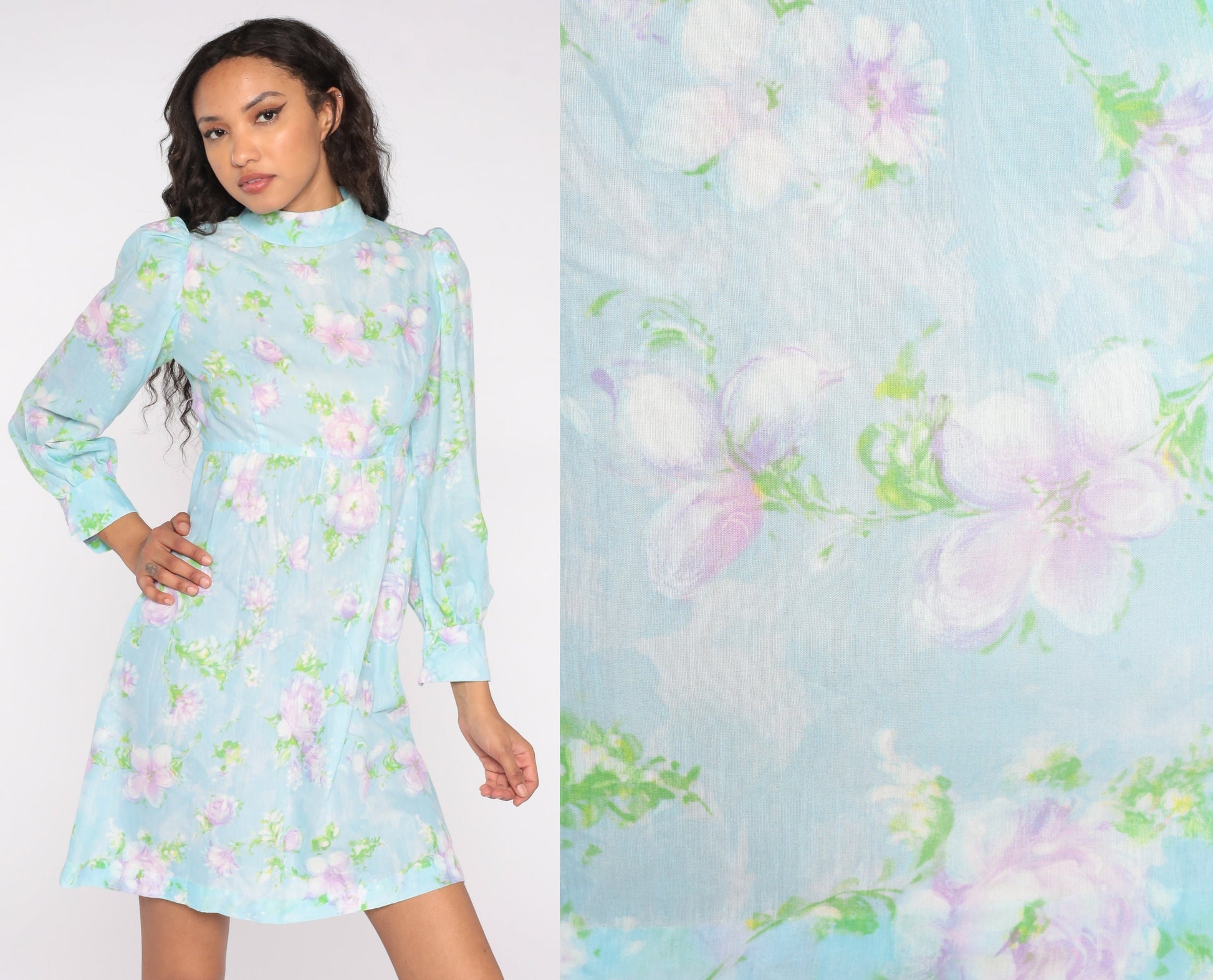 60s Floral Babydoll Dress Baby Blue Mock Neck Puff Sleeve Mini Small S