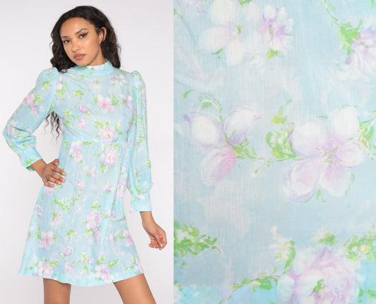 60s Floral Babydoll Dress Baby Blue Mock Neck Puff Sleeve Mini Small S