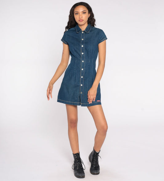 90s Bongo Denim Mini Dress Dark Blue Button-Up Collar Short Sleeve Extra Small XS