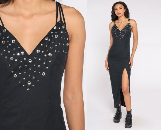 80s Black Maxi Dress Rhinestone Chest Spaghetti Strap Low Back High Slit Extra Small