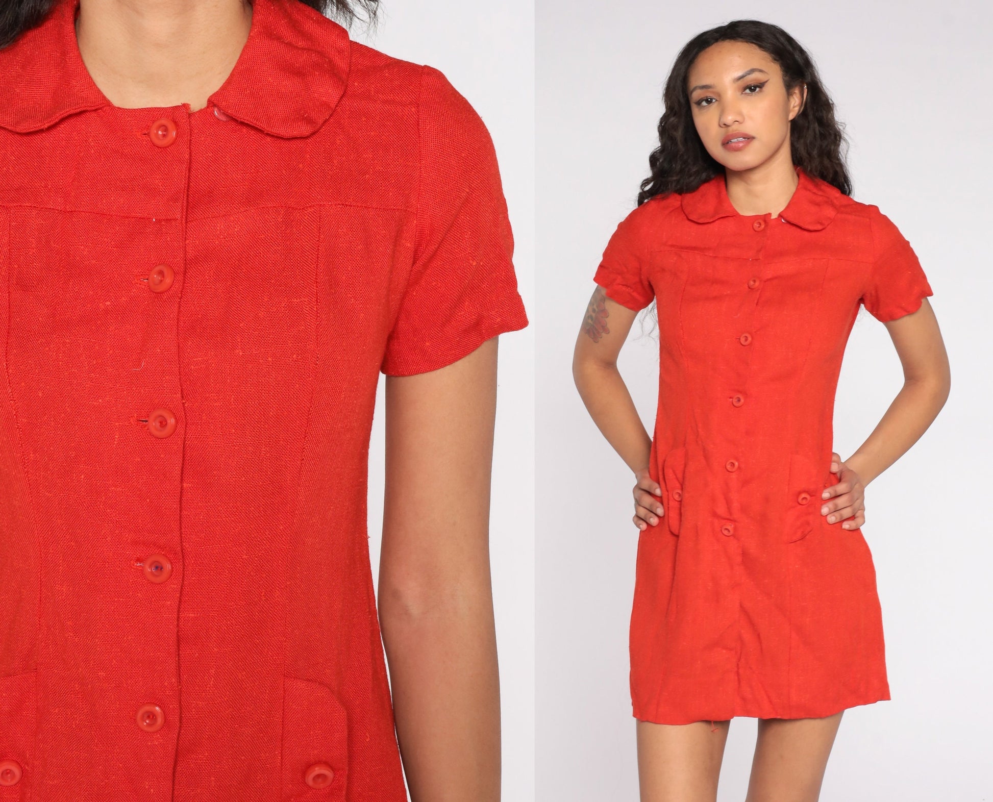 60s Red Mini Dress Peter Pan Collar High Waisted Button Front Small