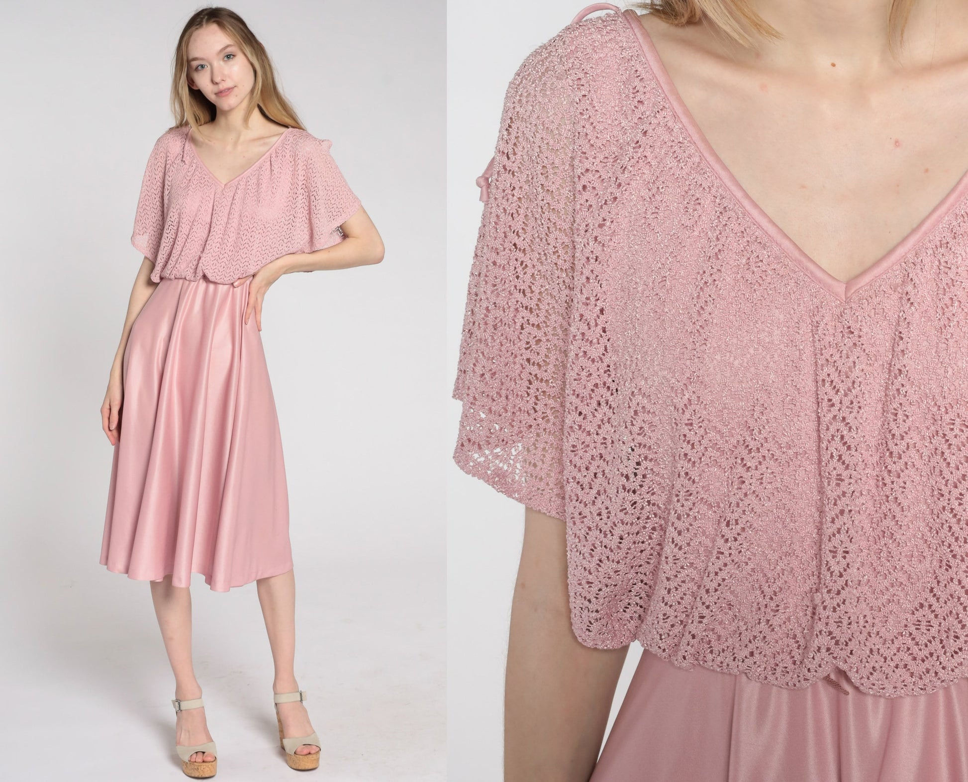 70s Pink Crochet Midi Dress Flutter Sleeve High Waist V Neck Small