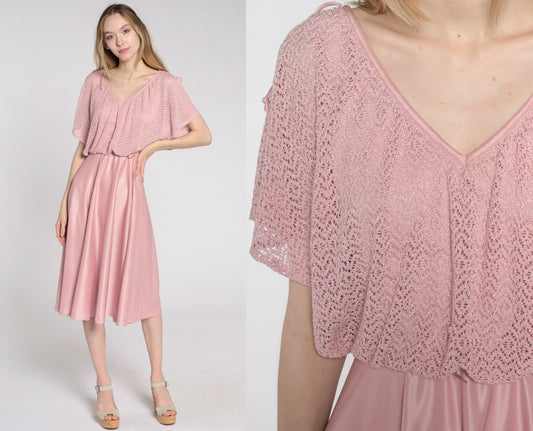 70s Pink Crochet Midi Dress Flutter Sleeve High Waist V Neck Small