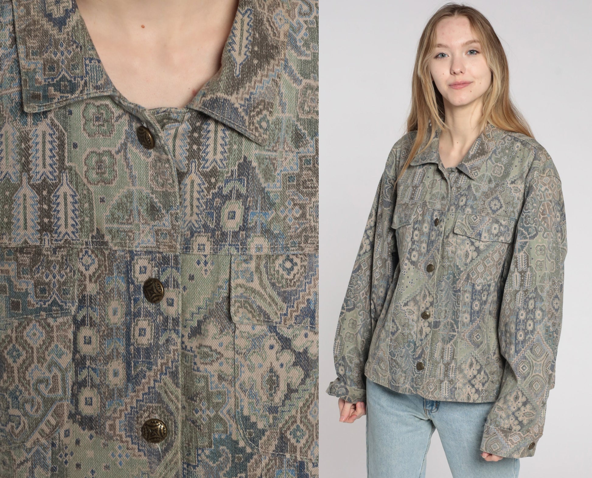 90s Geometric Cargo Jacket Cotton Button Up Taupe Blue Extra Large XL