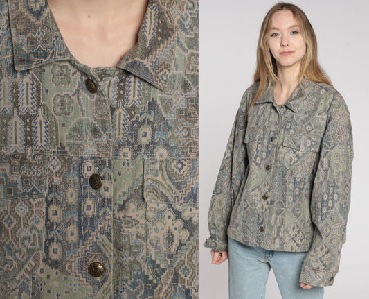 90s Geometric Cargo Jacket Cotton Button Up Taupe Blue Extra Large XL