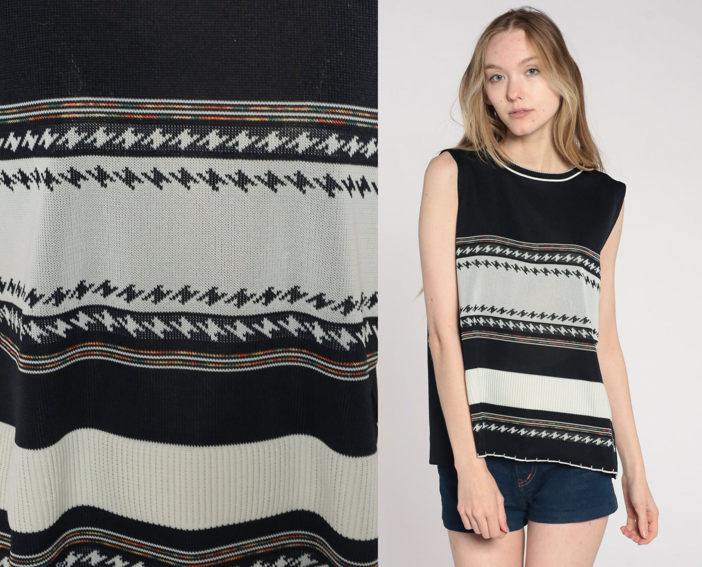70s Black Off-White Striped Tank Top Sleeveless Blouse Large L