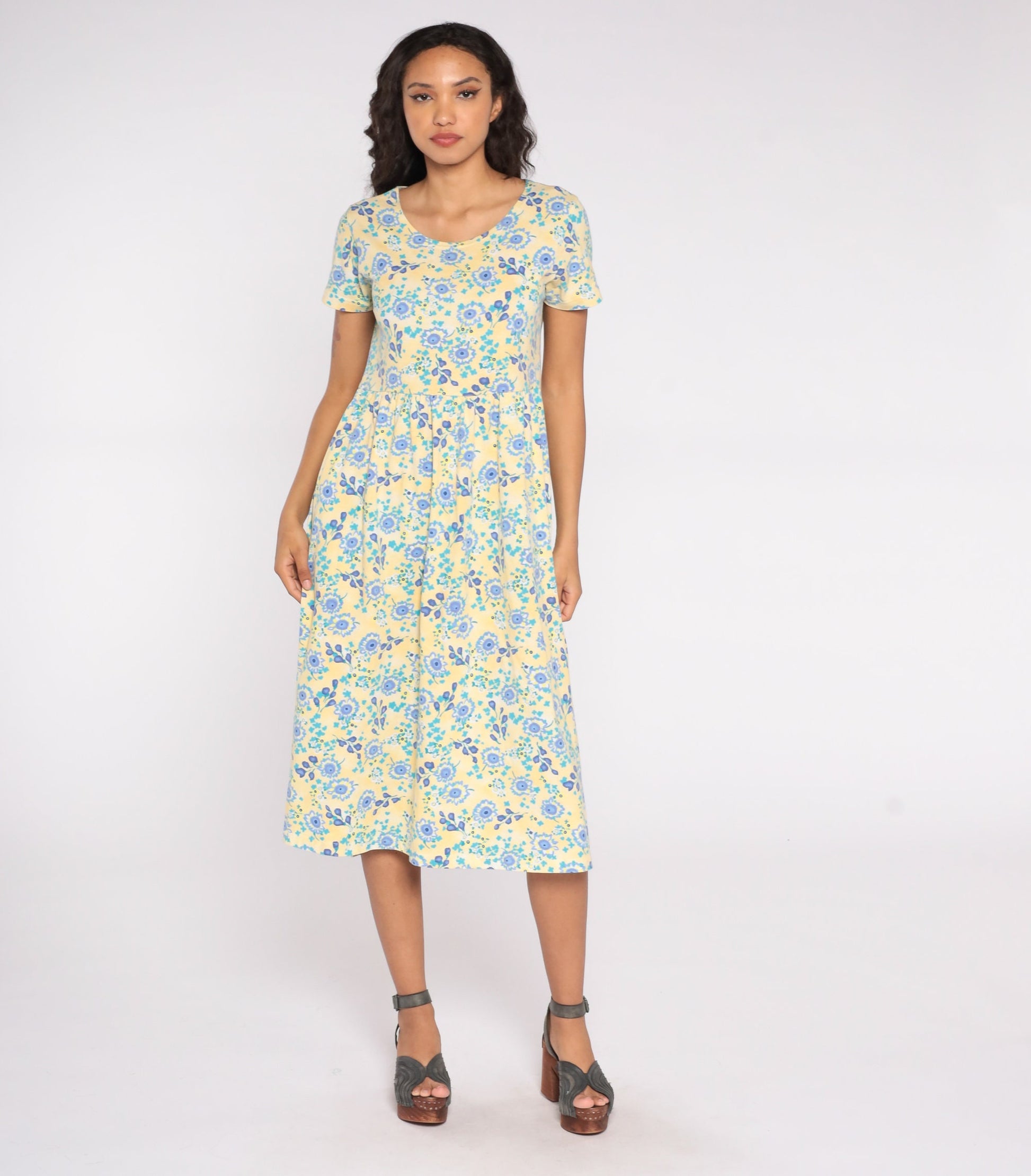 80s Yellow Blue Floral Midi Dress Cotton Short Sleeve High Waist Small S