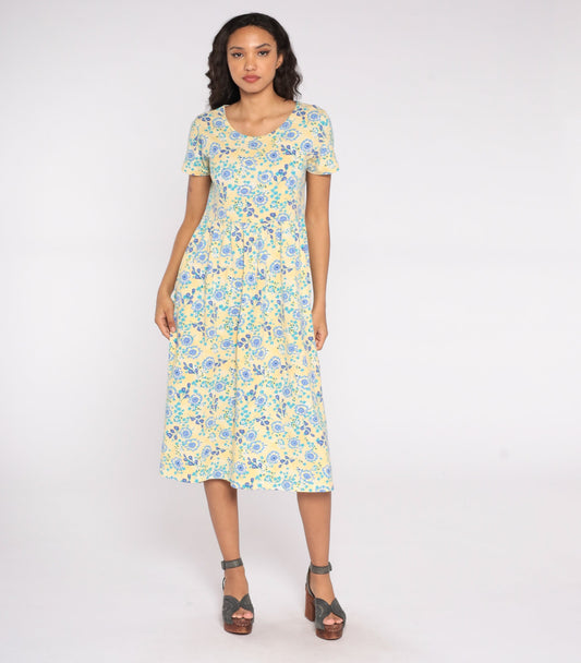 80s Yellow Blue Floral Midi Dress Cotton Short Sleeve High Waist Small S