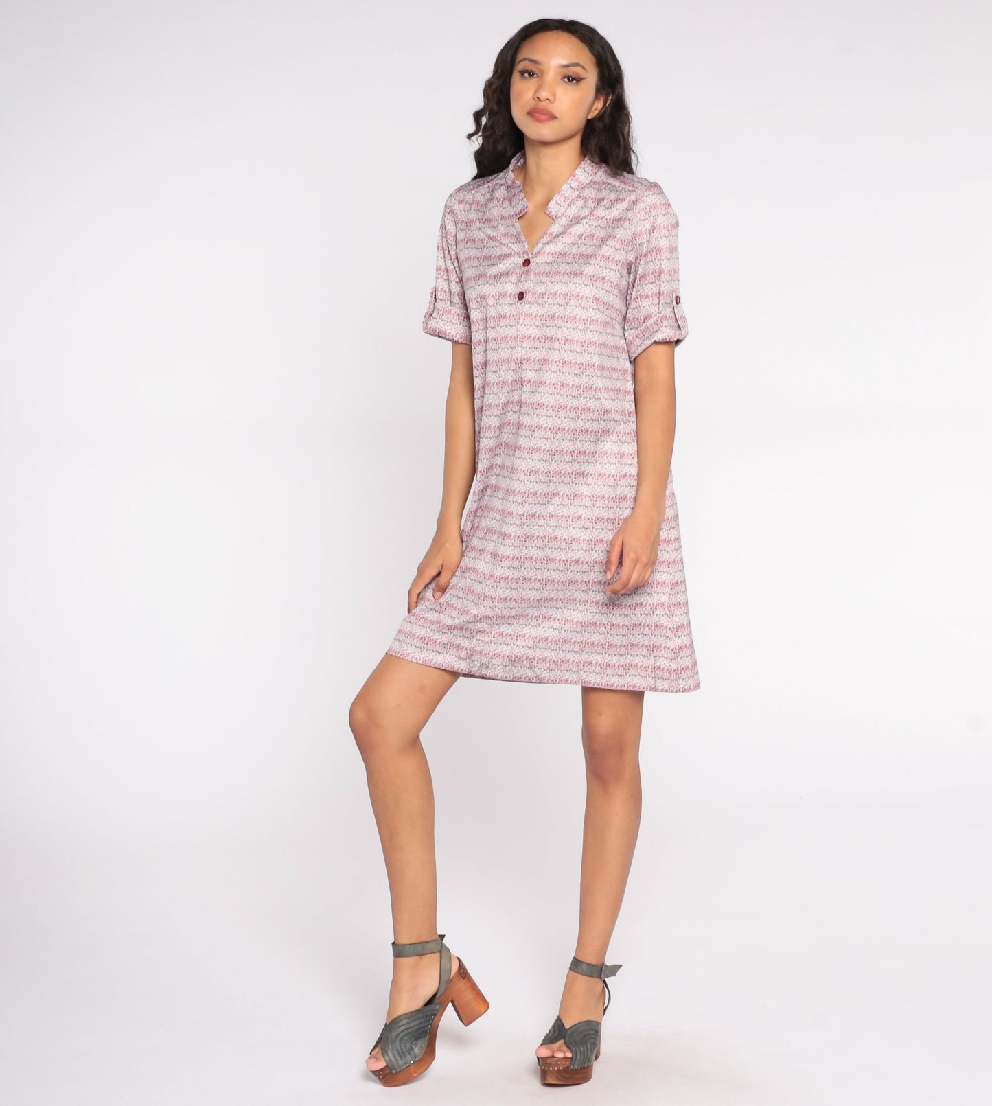 90s Striped Shirt Dress Pink Floral Button-Up Collar Mini Large L