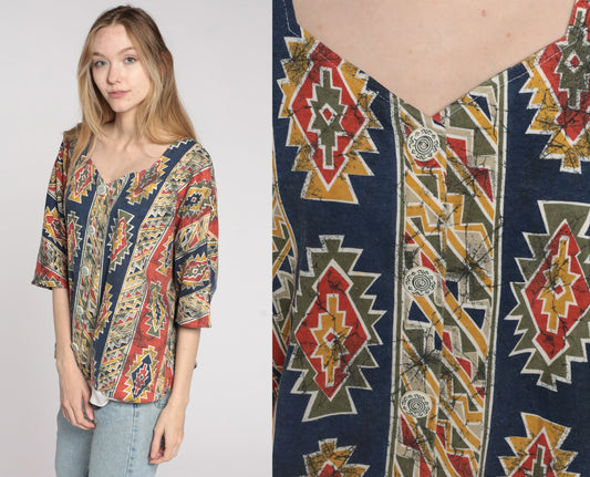 90s Southwestern Aztec Print Button Up Blouse Blue Red Striped Plus Size XXL