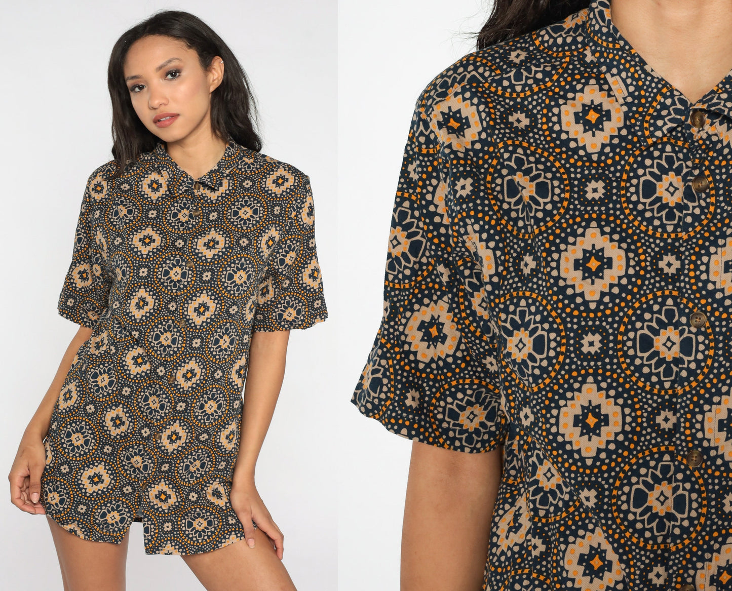 90s Geometric Floral Button Up Blouse Blue Orange Short Sleeve Extra Large XL