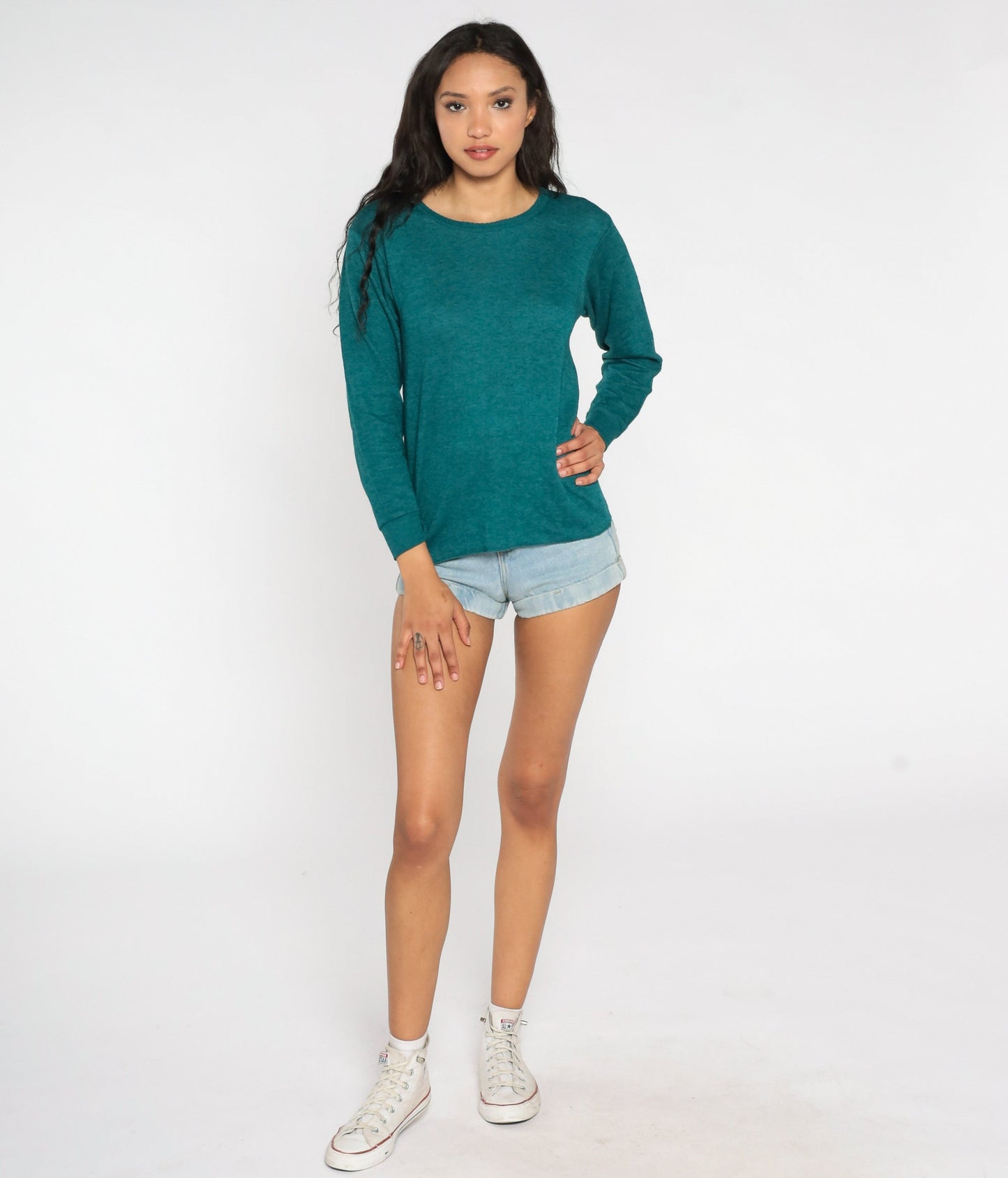 90s Teal Wool Blend Long Sleeve Knit Shirt Fitted Medium M