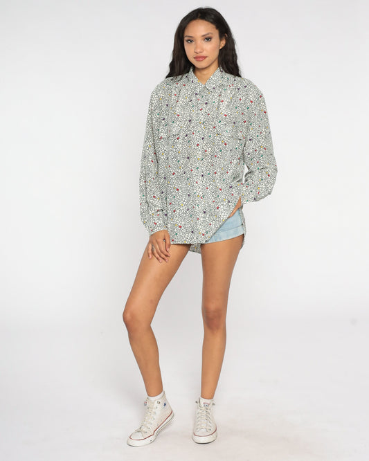 80s Abstract Pebble Print Button-Up Blouse Black White Dots Long Sleeve Extra Large