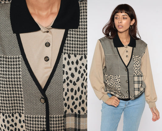 80s Patchwork Sweatshirt with Attached Vest Plaid Houndstooth Leopard Large L