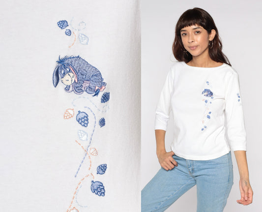 90s Disney Eeyore Winnie The Pooh Embroidered Cotton Tee White Large L