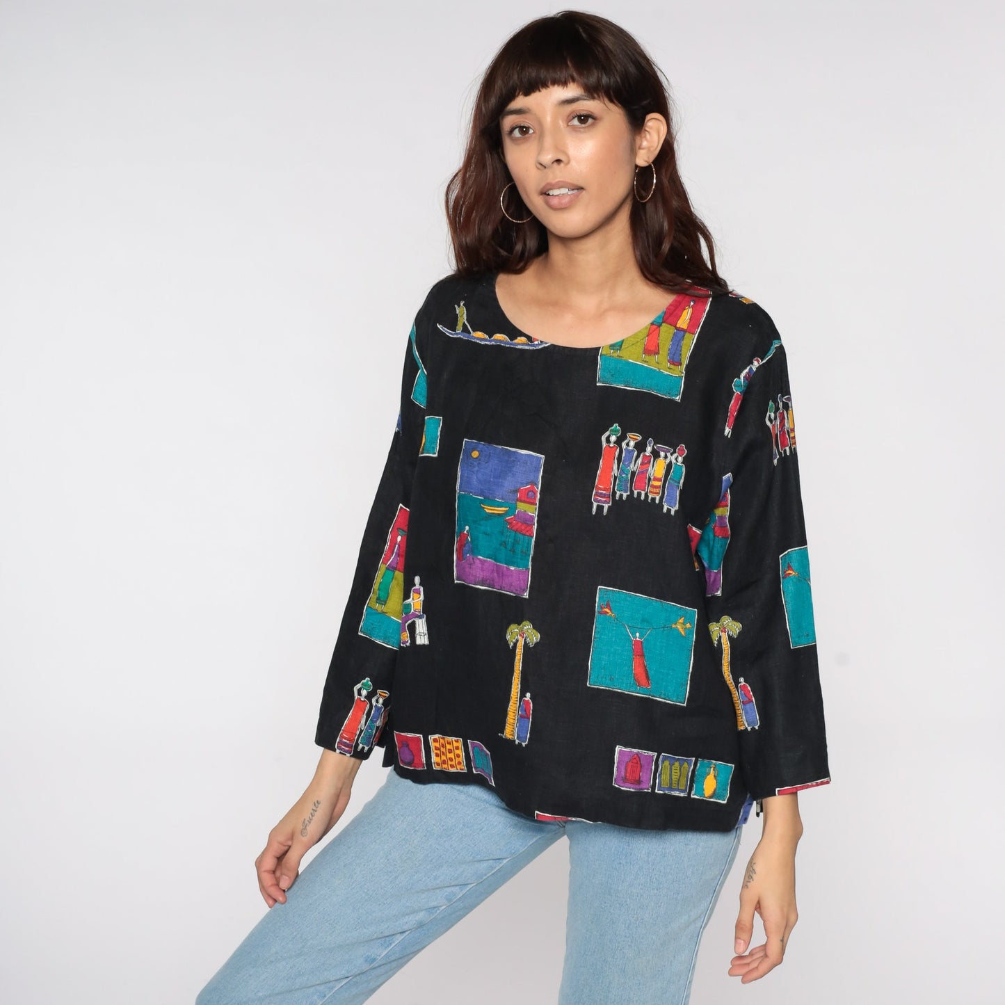 90s Village Print Black Blouse Long Sleeve Button Up Novelty Seaside Large L