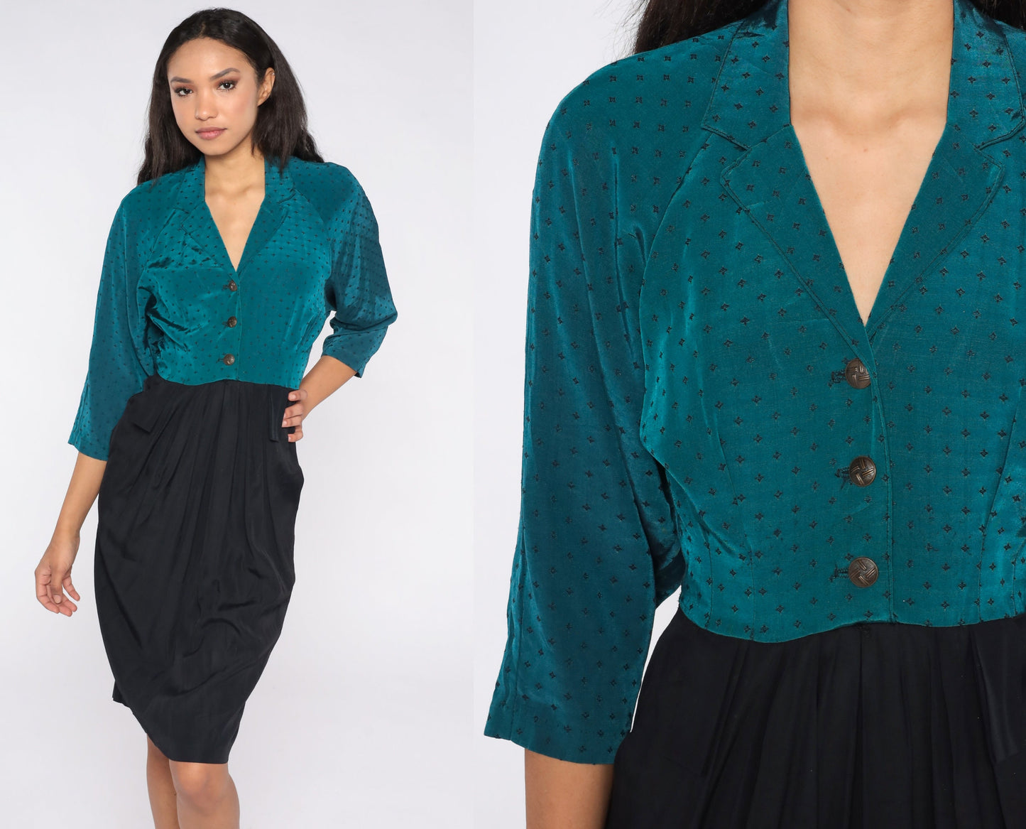 80s Teal Black Color Block Mini Dress Button Up Sheath Small S