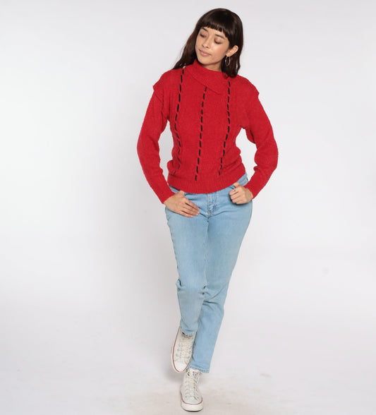 80s Red Knit Sweater Asymmetrical Collar Black Decorative Stitch Turtleneck Medium