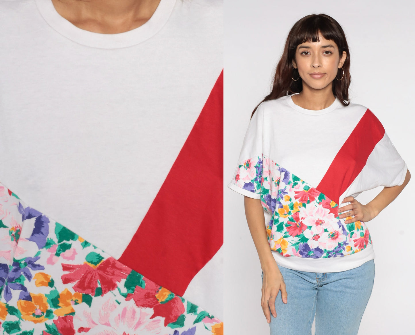 80s Floral Colour Block Top White Red Stripe Short Sleeve Crewneck Medium