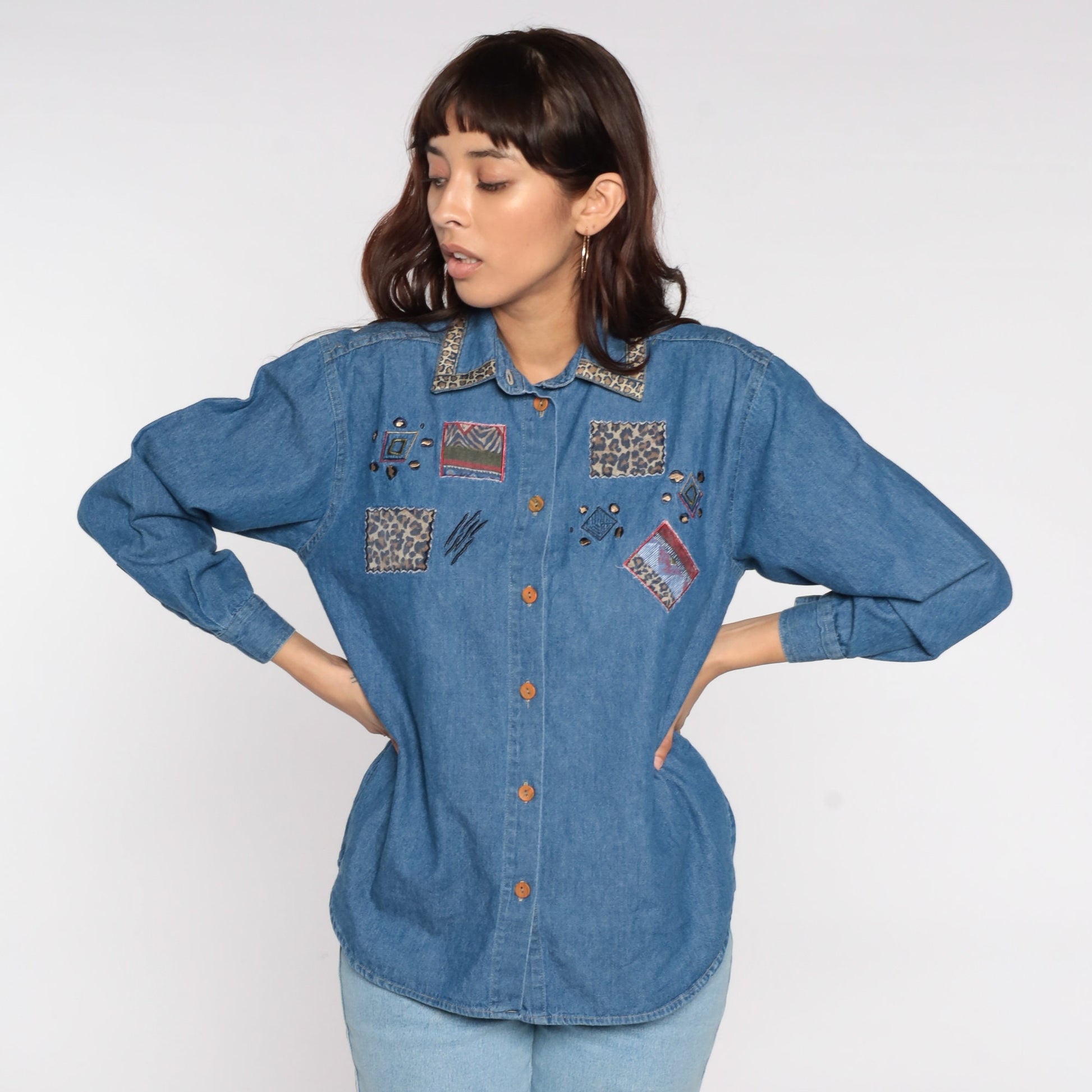 90s Denim Shirt Leopard Patchwork Abstract Blue Button Up Medium