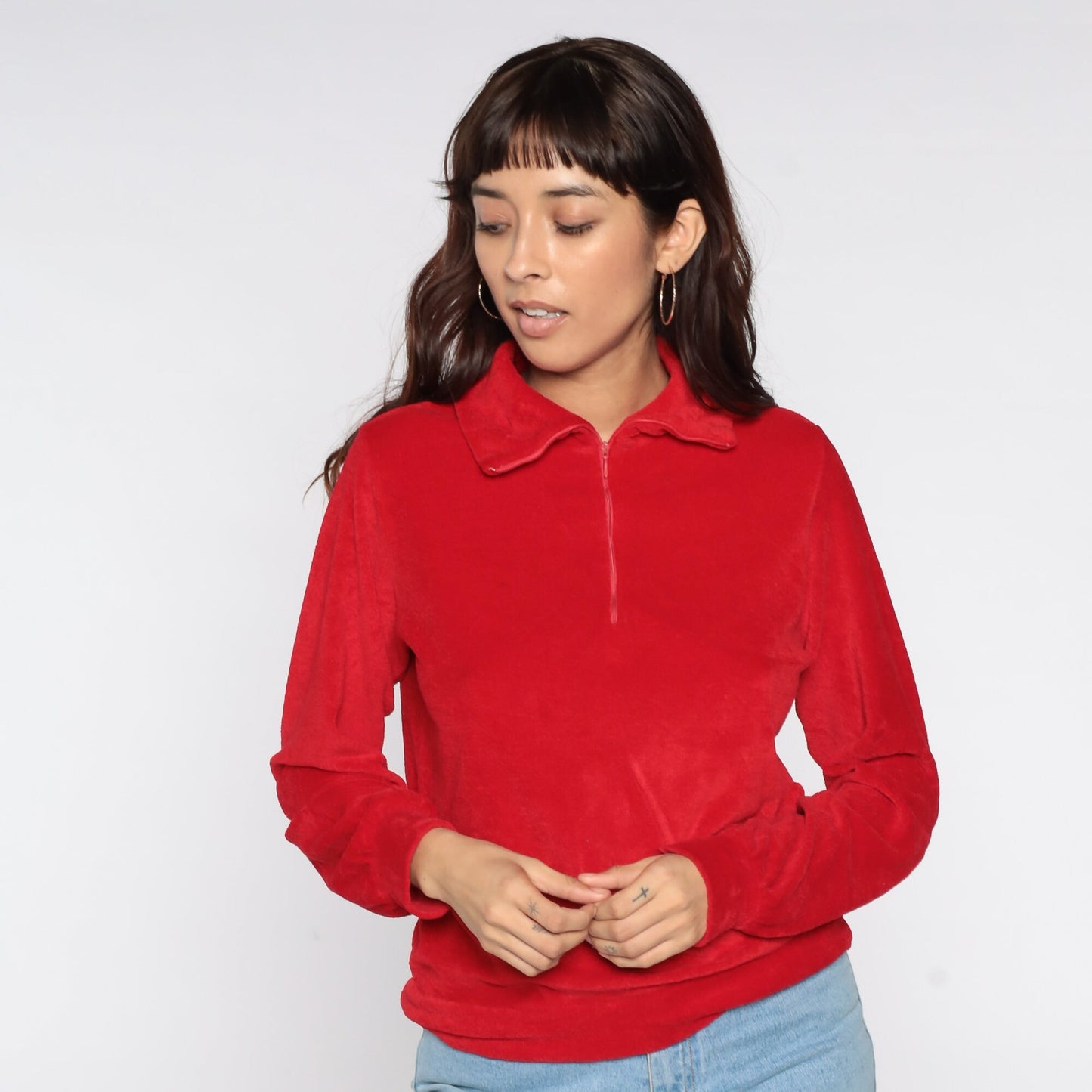 80s Wrangler Terry Cloth Quarter Zip Polo Red Long Sleeve Medium
