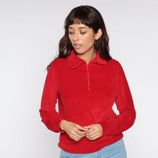 80s Wrangler Terry Cloth Quarter Zip Polo Red Long Sleeve Medium