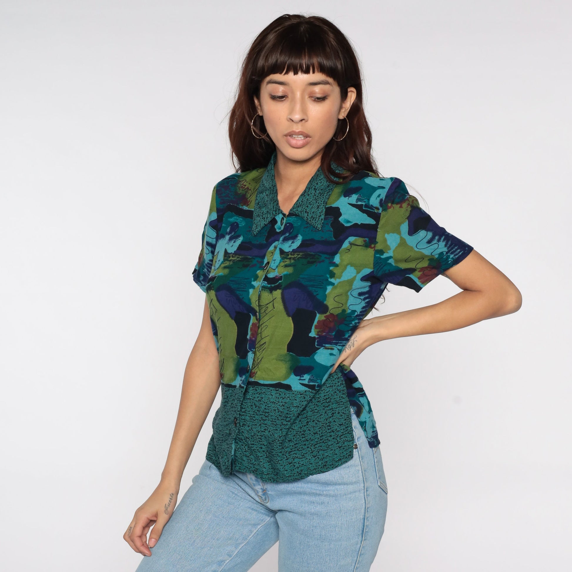 90s Abstract Watercolor Button-Up Blouse Dark Blue Green Short Sleeve Medium