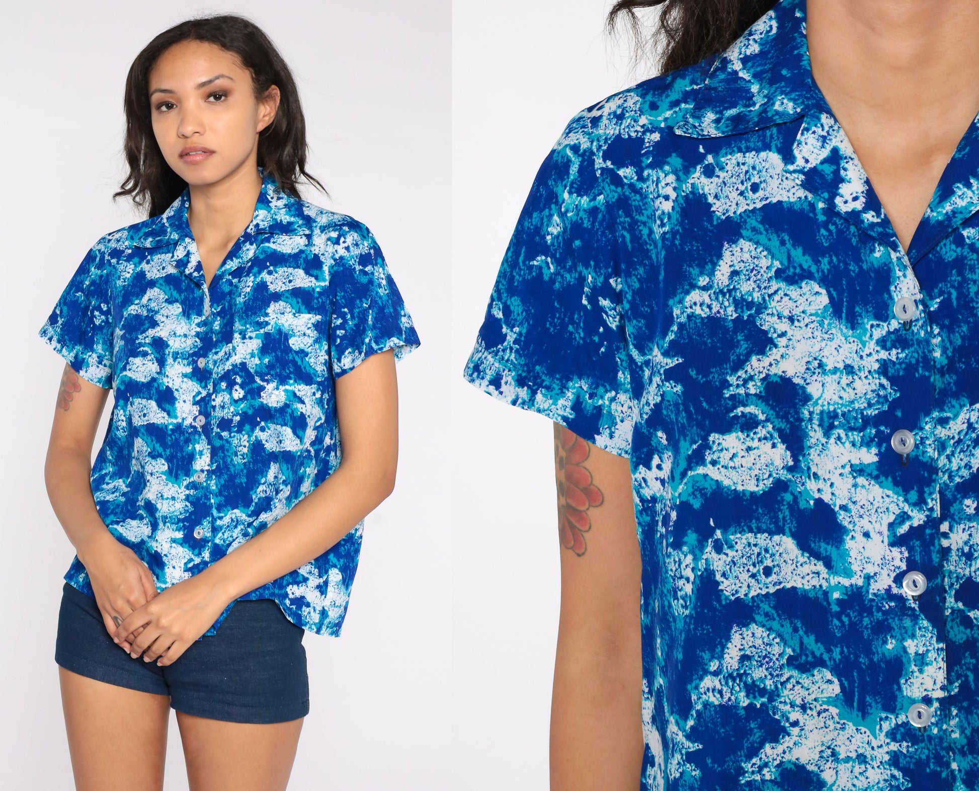 70s Psychedelic Abstract Button Up Blouse Blue Short Sleeve Medium Large