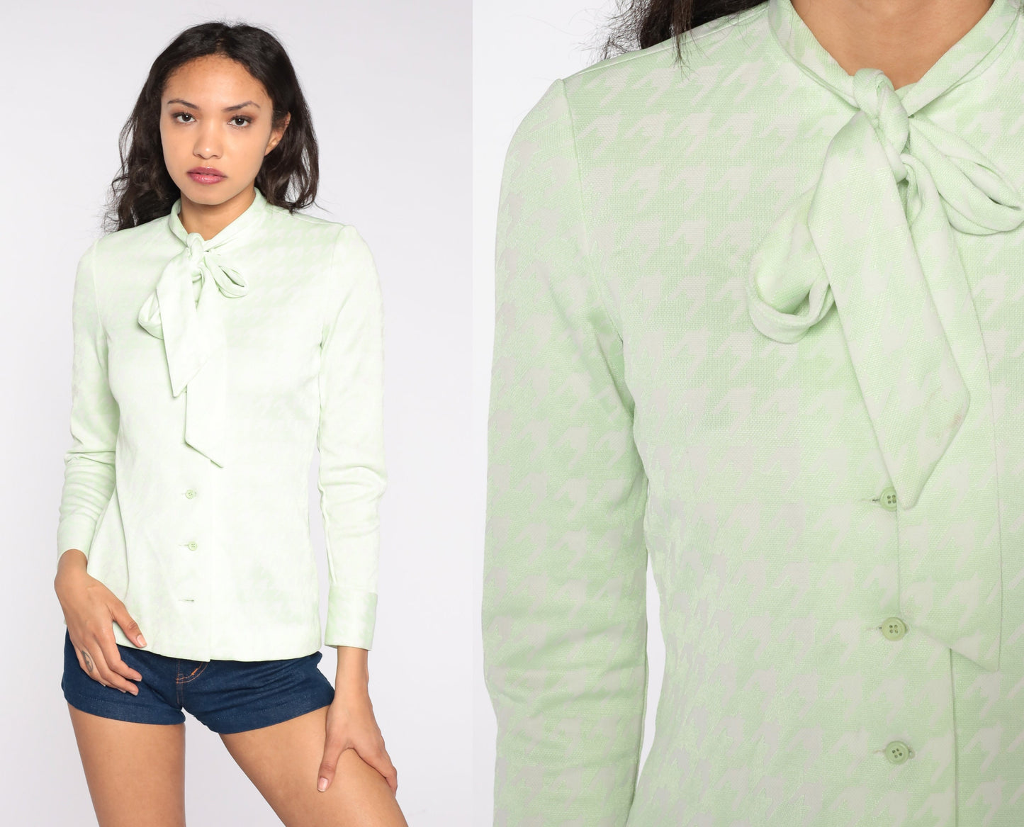 70s Ascot Bow Blouse Pale Green Houndstooth Check Long Sleeve Small