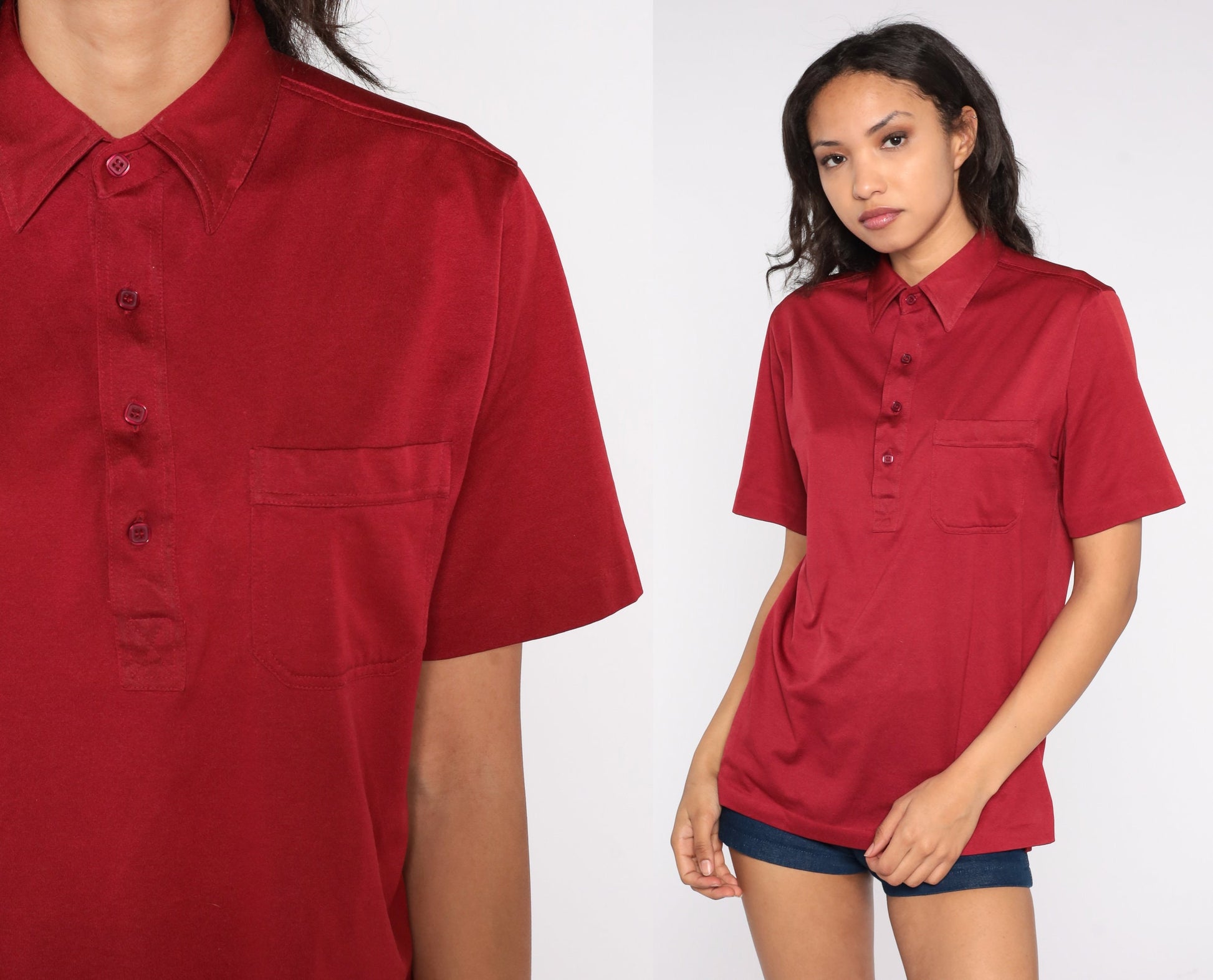 70s Burgundy Polo Shirt Button Up Collared Short Sleeve Medium
