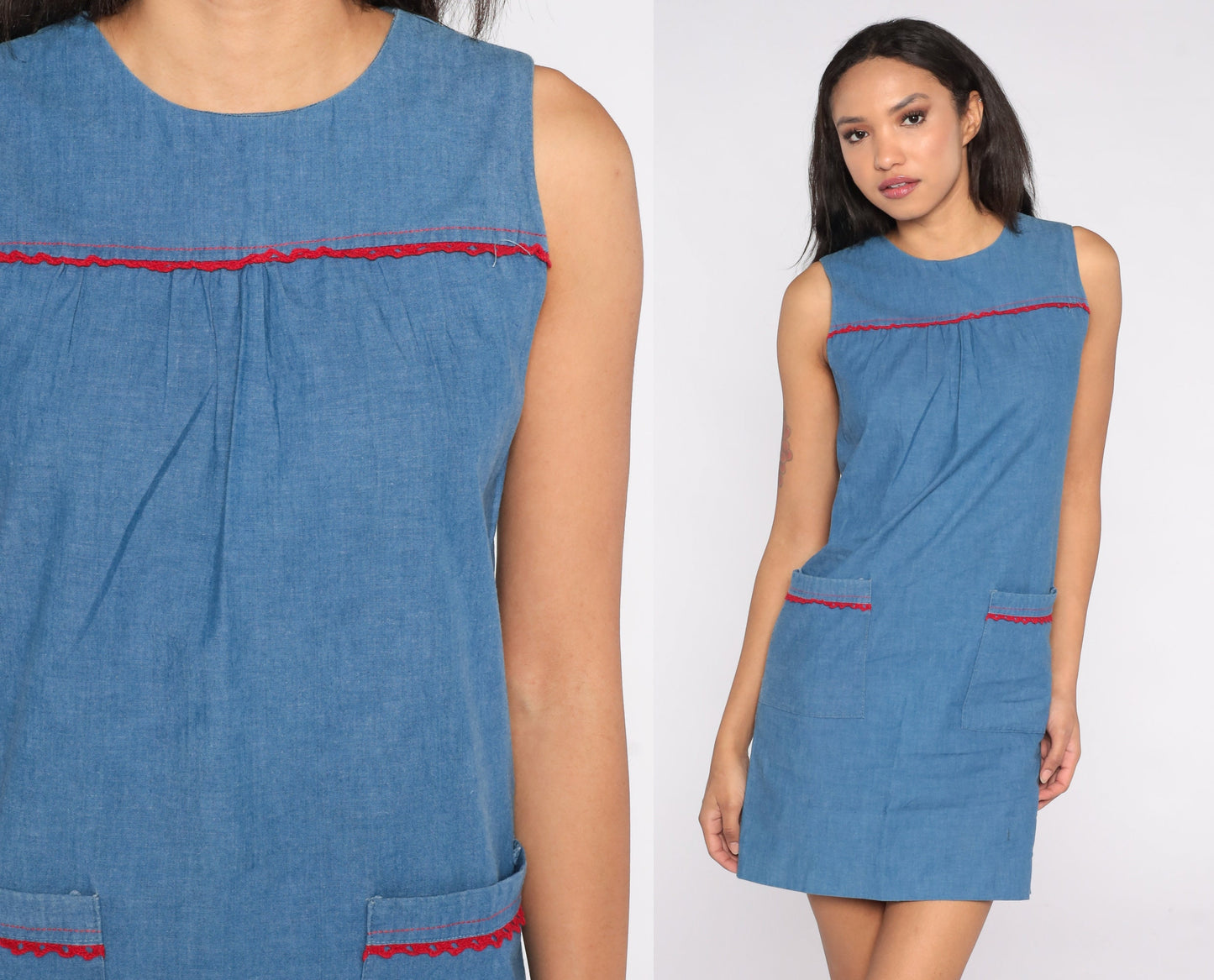 60s Blue Mod Shift Mini Dress Sleeveless Rear Zip Extra Small
